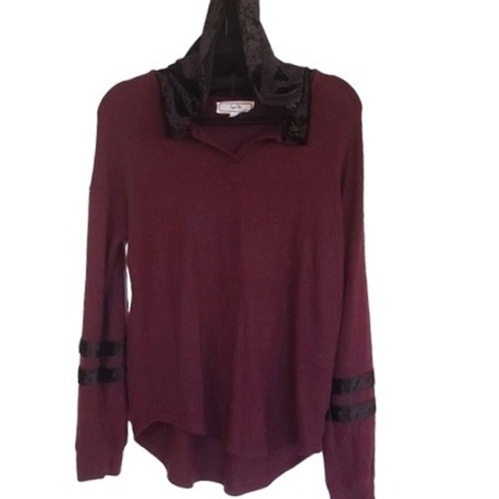 Hippie Rose hooded Top Large velvet trim maroon long sleeve
